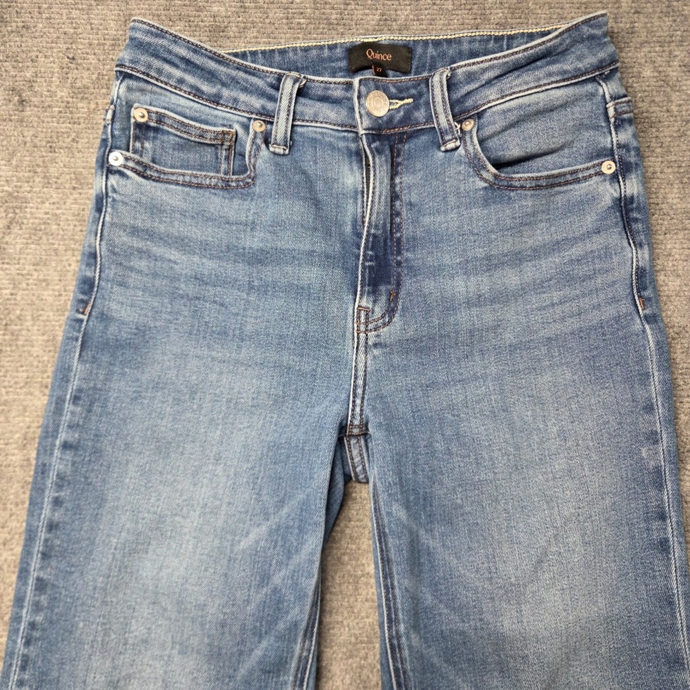 Quince Bella Stretch Straight Jeans Twilight Blue Fray Raw Hem 27 W-PNT-113 - Picture 4 of 16